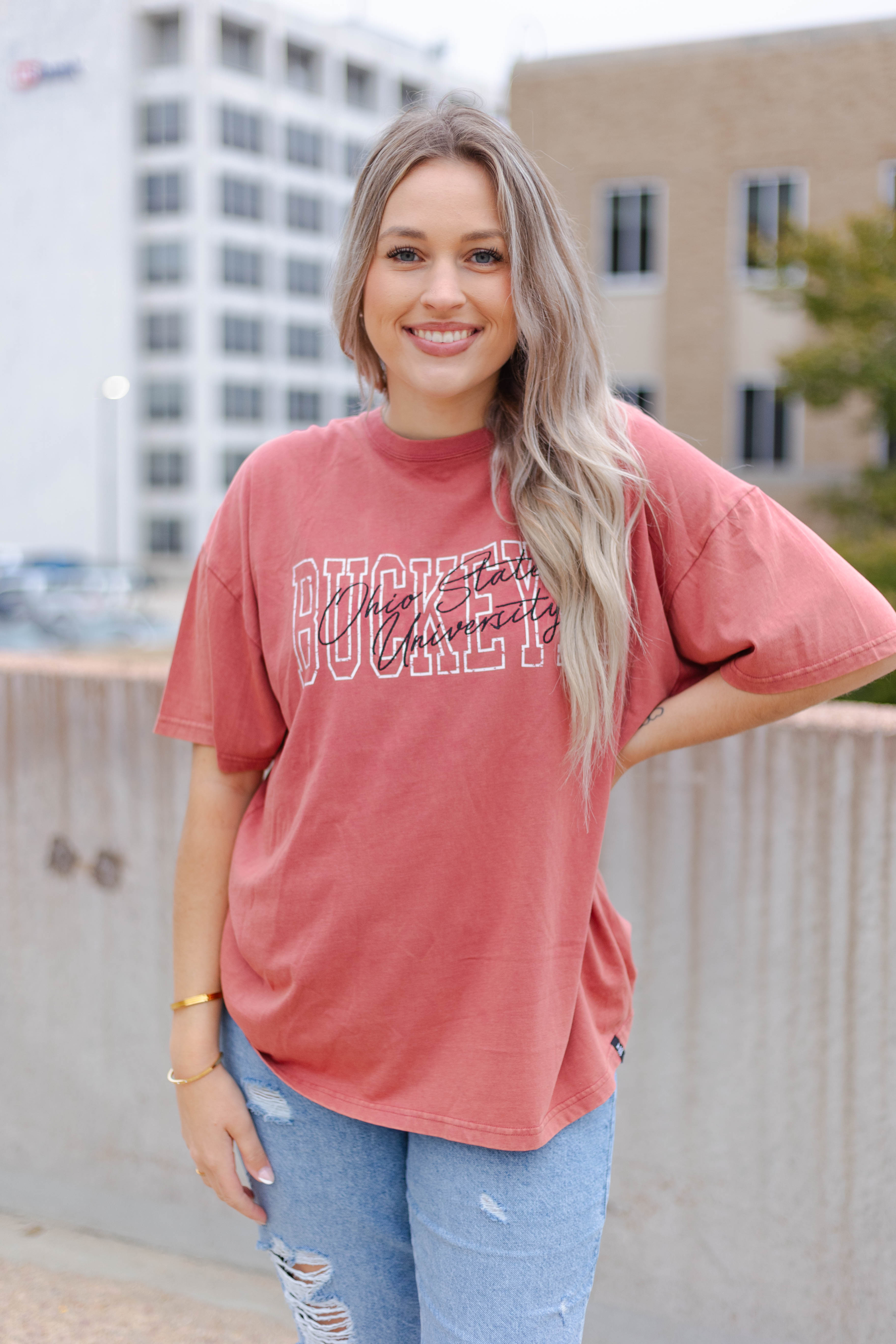 Ohio State College Lines Embossed Red Crew